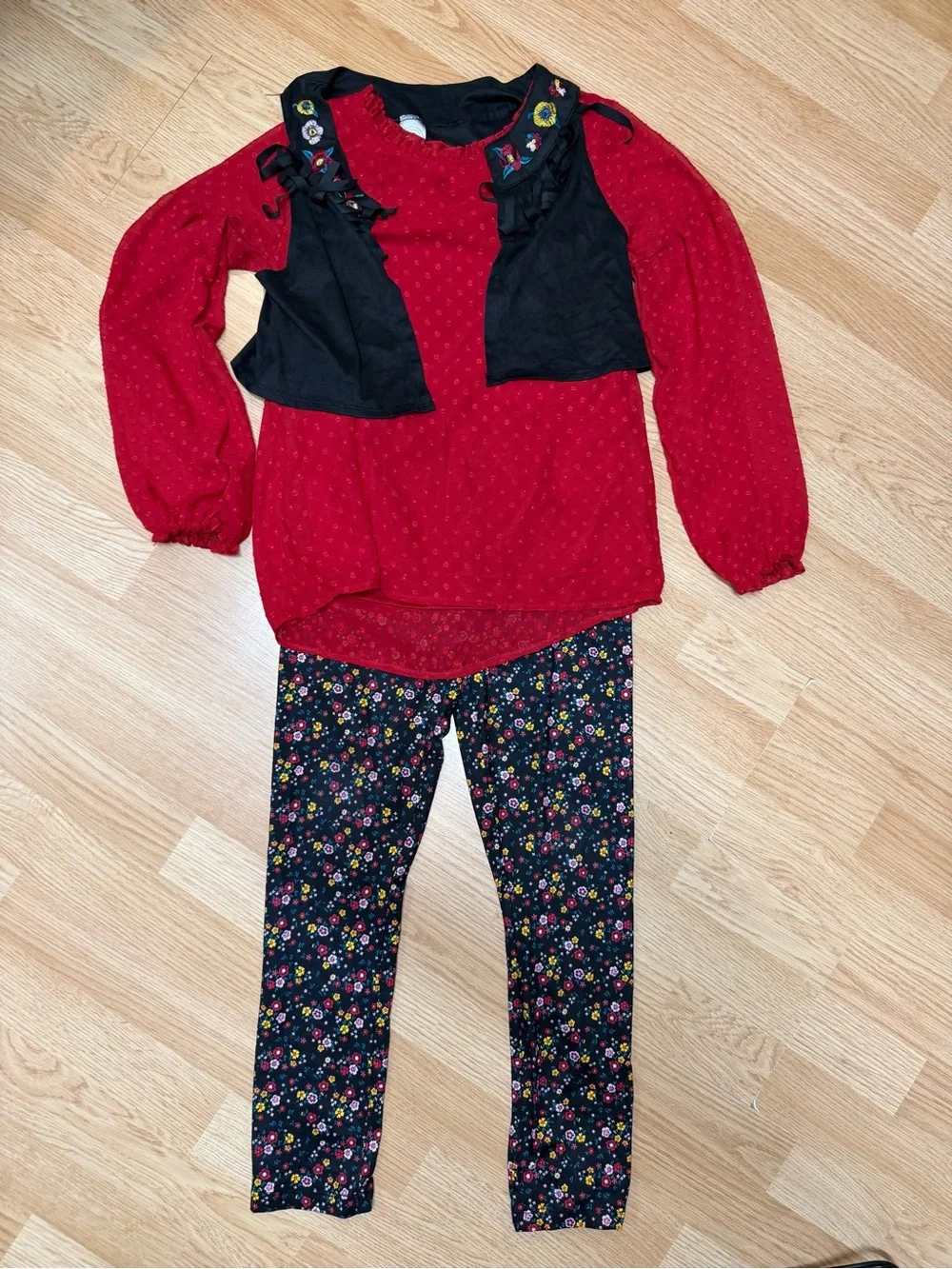 Wonder Nation Girls LG 10-12 Black Red Floral 3 Piece Outfit Vest Leggings Set